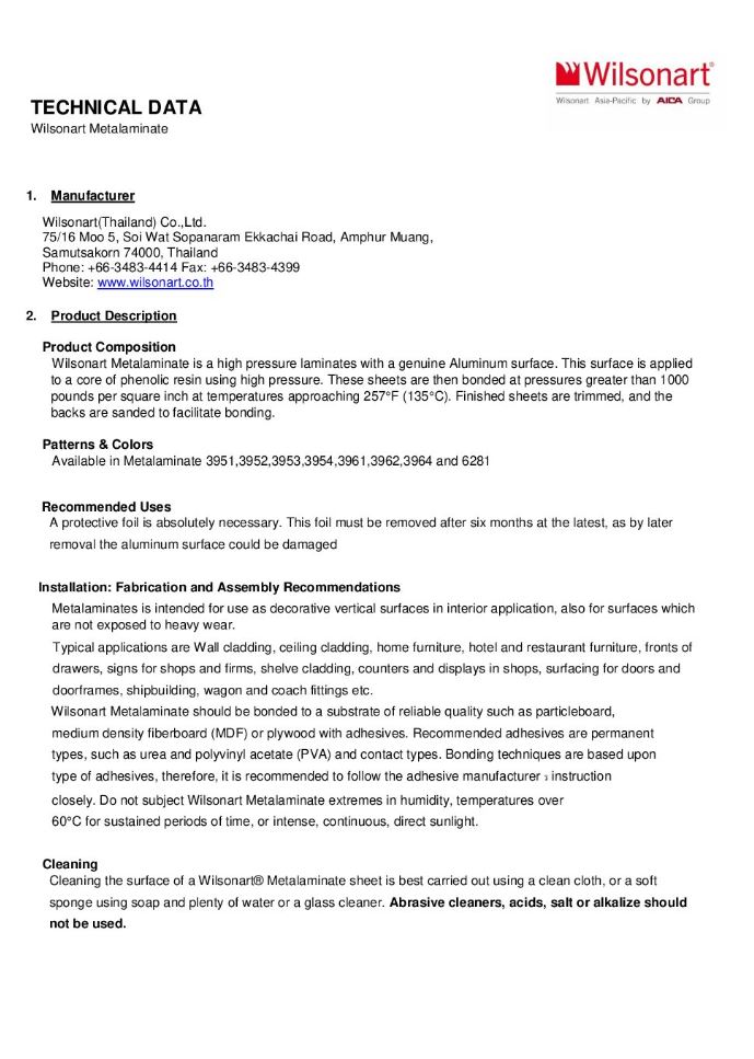 Wilsonart HPL Metal Laminates Technical Data Sheet